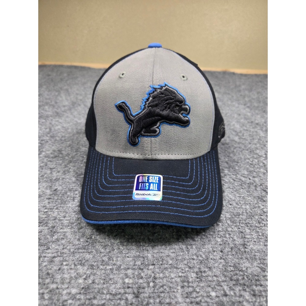 Detroit Lions Hat Mens OSFA Reebok Black Charcoal Blue Embroidered Stretch Fit